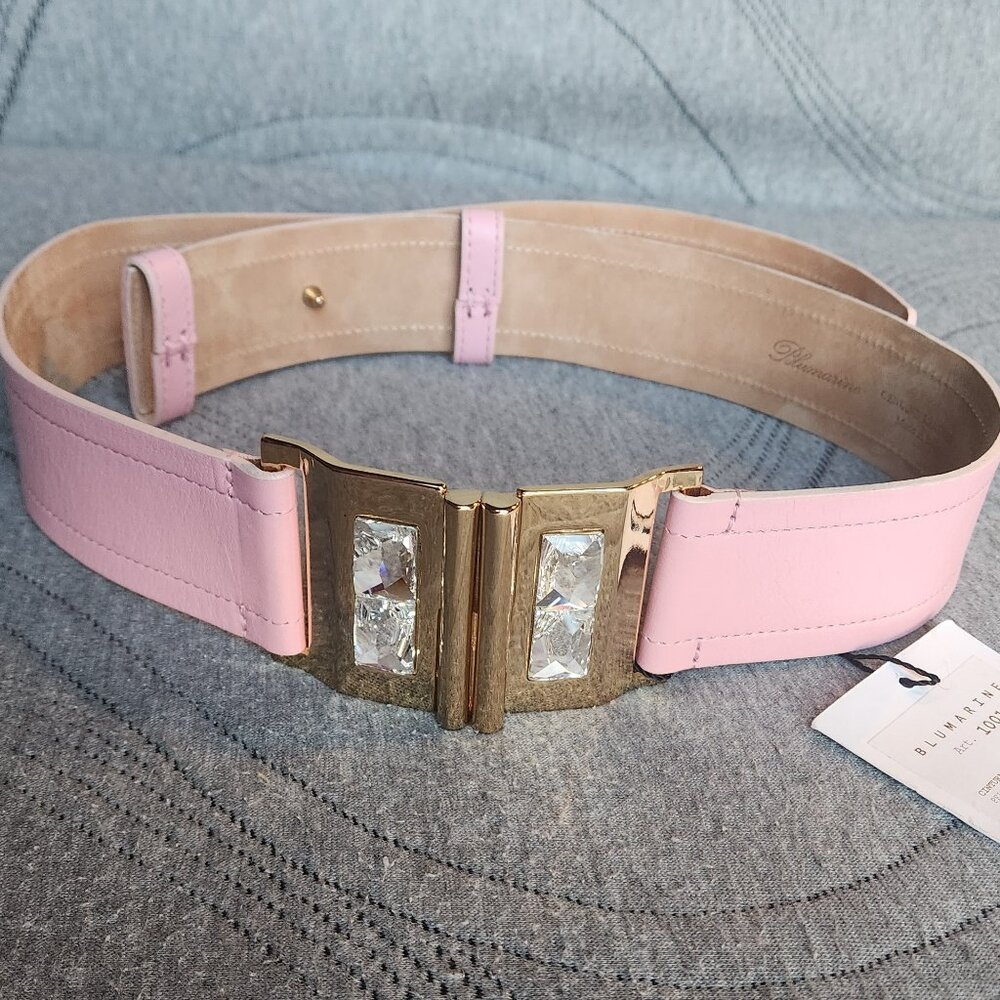 New BLUMARINE Italy Genuine leather 2" wide belt pink gold/stones buckle M 34-38